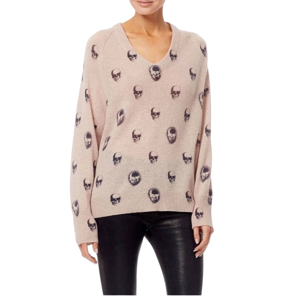 Skull Cashmere V Neck Sweater Womens Medium Tan Pink Skull Print Goth Punk Rock